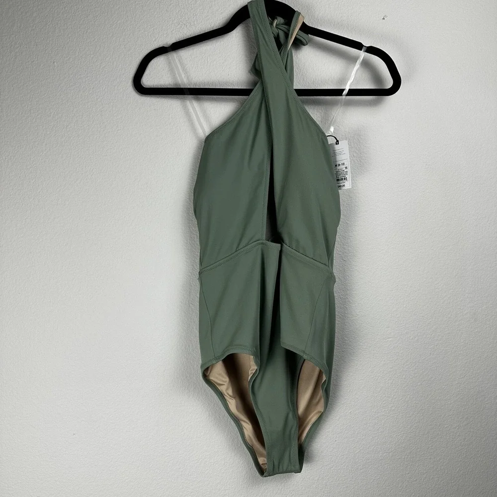 Shade And Shore Swimsuit Size Medium 8-10 Green Cross‎ Front Halter Cheeky